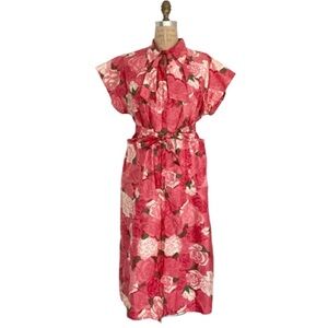Vintage 50s Cabbage Rose Floral Flower Print Cotton Day Belted Bow Dress